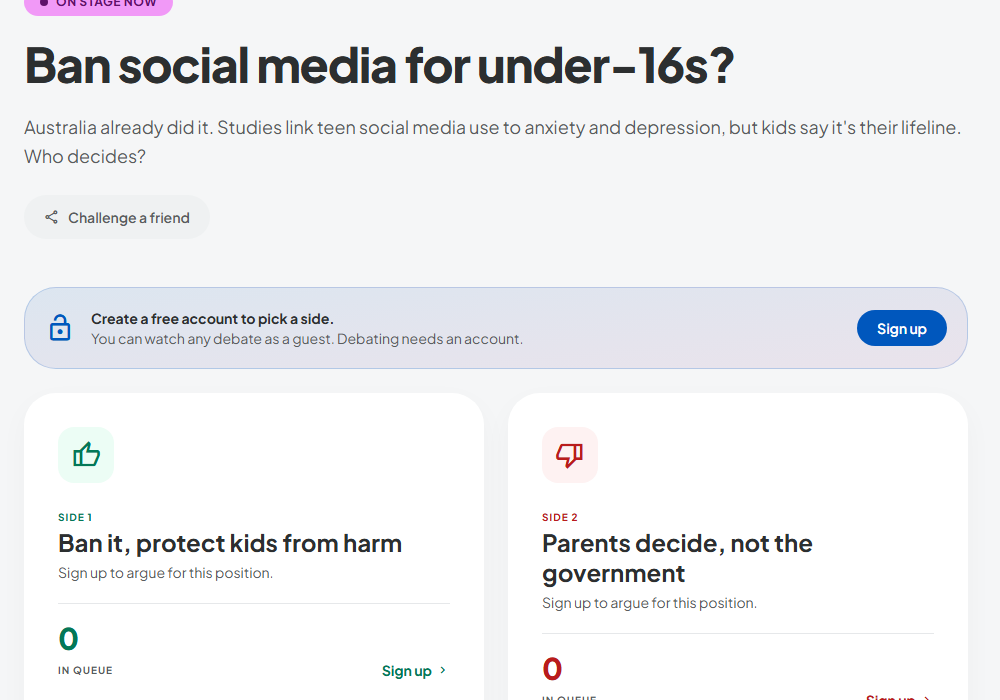 A debate topic page on theChatStage with the question as the title, the two sides as large cards, each with a sign-up link to argue that side.