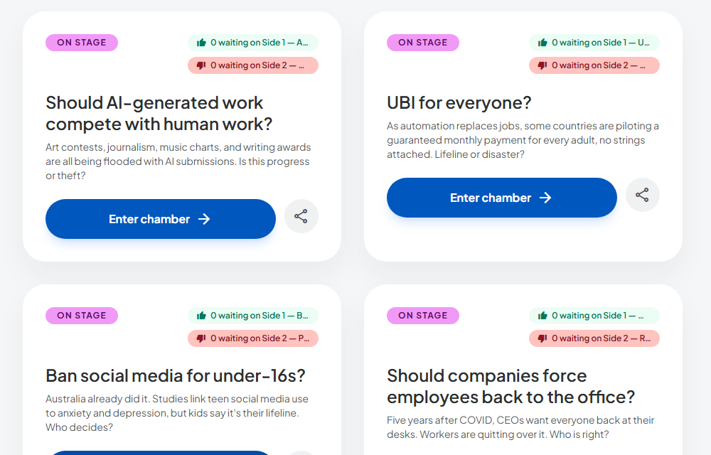 The Debates page on theChatStage showing debate topics as cards, each with its two sides and the number of people waiting on each side.